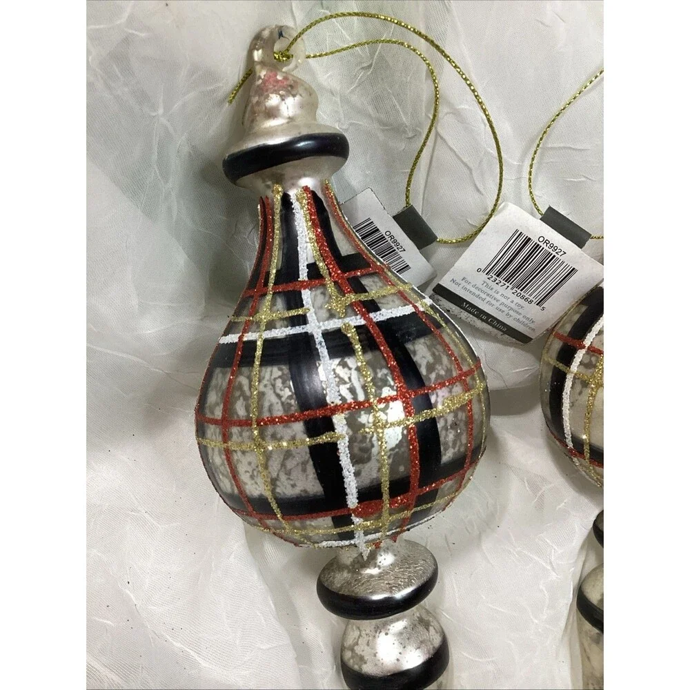 Mercury Glass Finial Christmas Plaid Ornaments X4 Black, Red, Gold & Silver 9